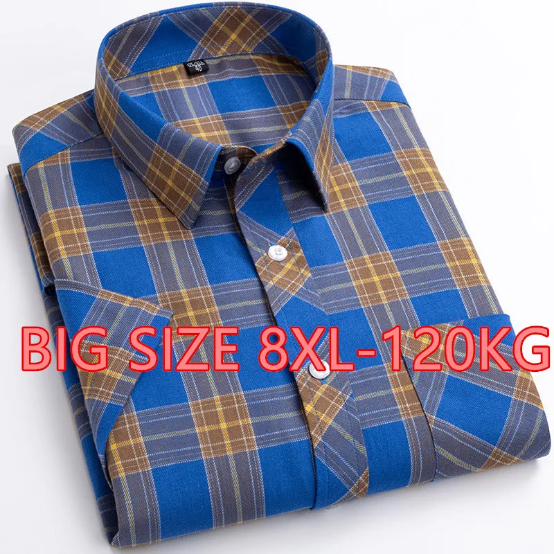 

New Summer Mens Designer Shirt Short Sleeve Casual 100% Cotton Plaid Thin Middel-aged Dad Daily Home Trip Clothes Oversized 8XL