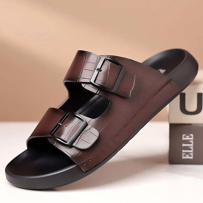 Fashionable Men's Leather Casual Shoes Handmade Soles Men's Slippers Versatile for Home Use Outdoor Anti Slip Beach Shoes