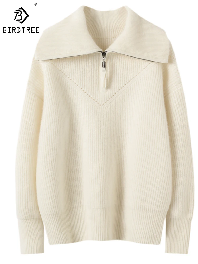 

Birdtree 100% Cashmere Turtleneck Sweater Women's Zipper Adjustable Thickening Autumn/Winter Simple Versatile Loose Top T39232QD