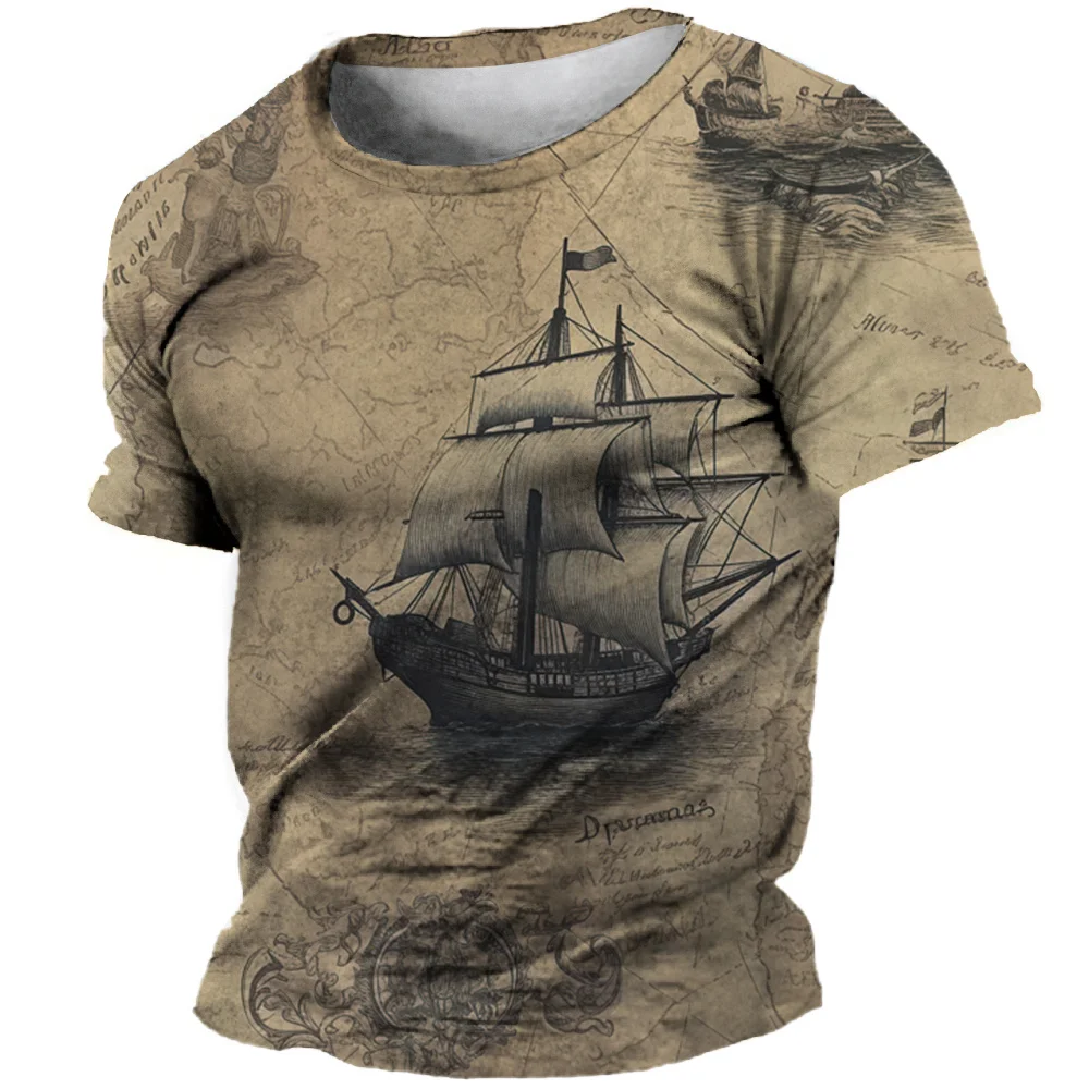 

2023 Summer T-Shirt For Men 3d Print Boat Vintage Loose Boat Tshirt Daily Casual Short Sleeved Street Cool Tops Tee Men Clothing