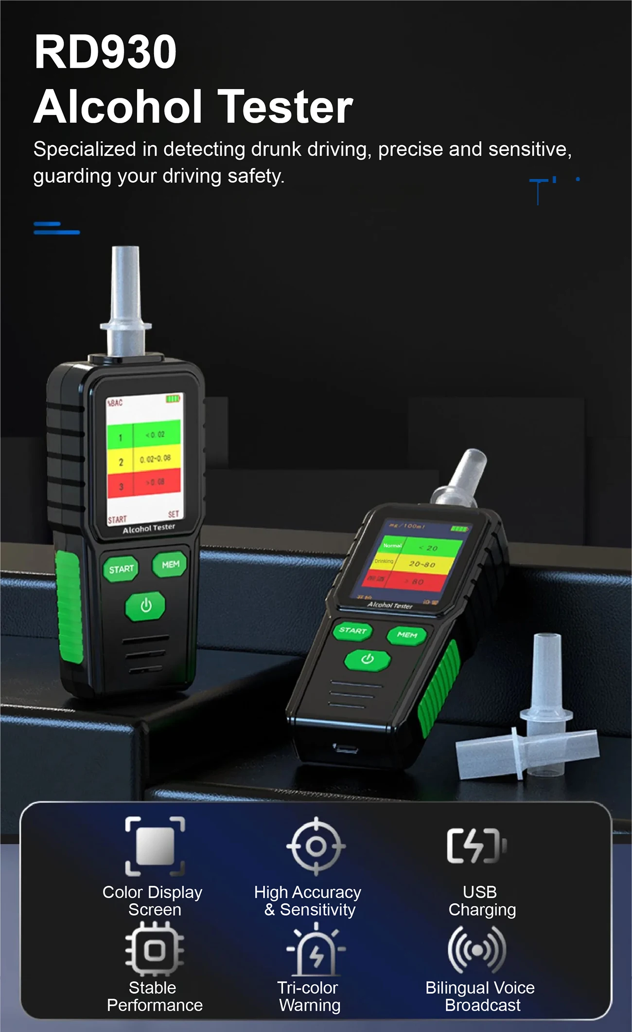 RD930 Portable Breathalyzer Alcohol Tester Police Grade BAC Detector LCD Voice A