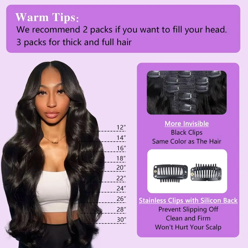 Body Wave Clip In Hair Extensions For Women 8Pcs Clip In Human Hair Extensions With 18 Clips Double Weft Natural Color #1B