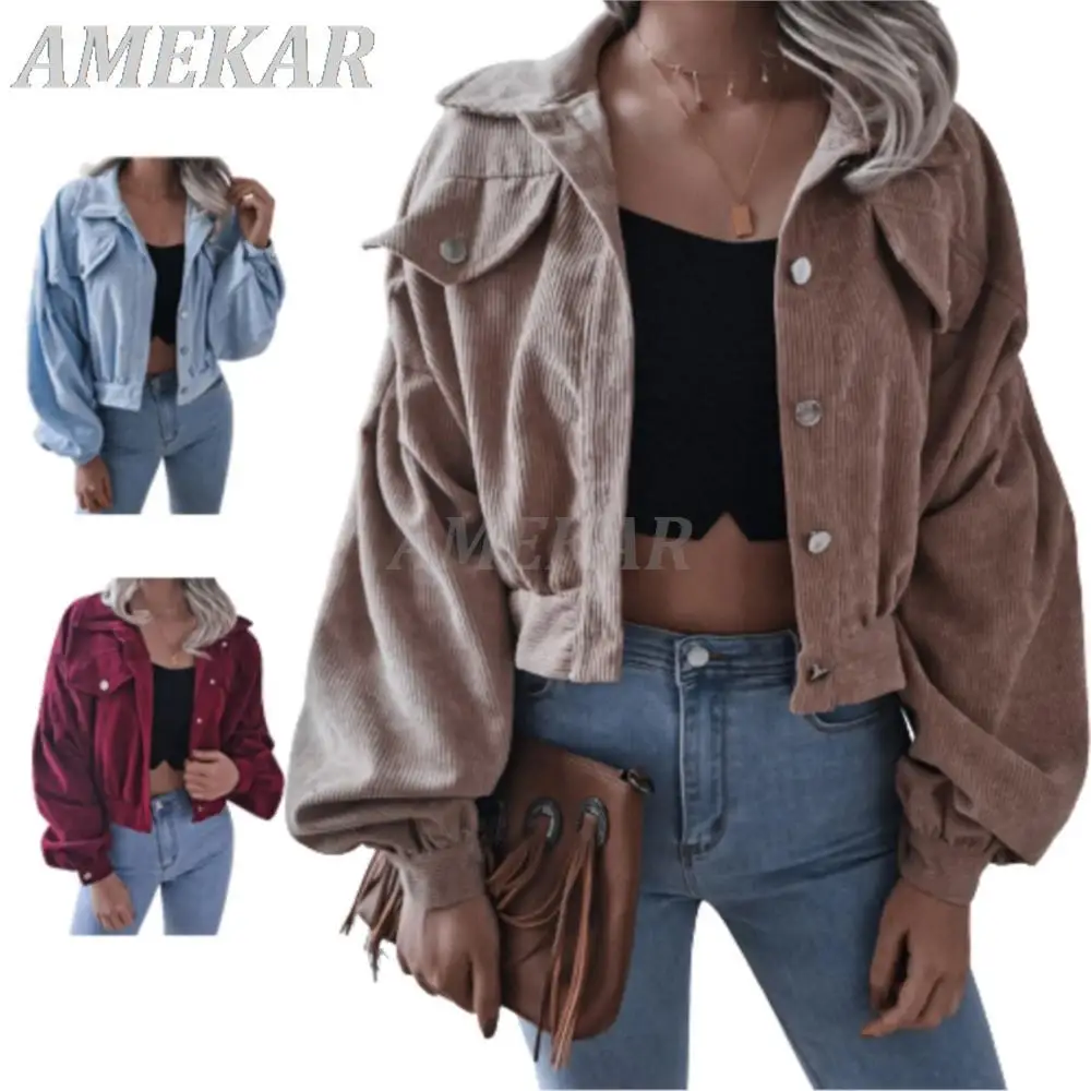 

Lantern Long Sleeve Corduroy Short Jacket For Women 2023 Spring Fashion All-match Jacket Lady Solid Turn Down Collar Chic Tops