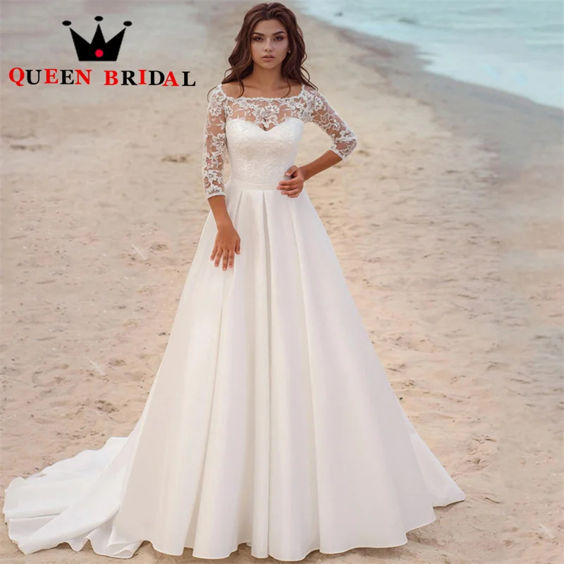 

Long Sleeves Elegant Satin Wedding Dresses Lace A Line Pleat Floor Length Bridal Gown For Women Robe De Mariée Custom S41Y