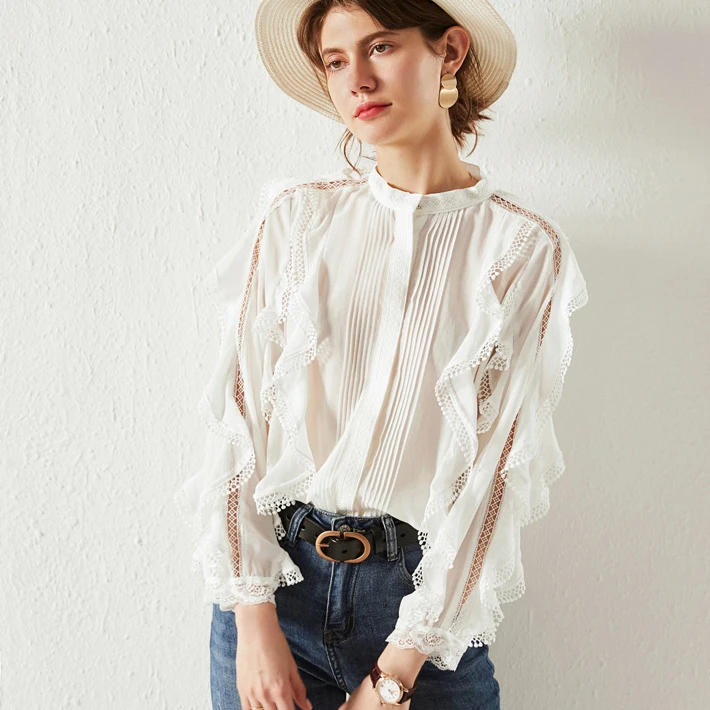 

AYUALIN Boho Long Sleeve Casual Blusas Hollow Out Cotton Linen Lace Shirts 2023 Vintage White Tiered Ruffles Blouse Women Tops
