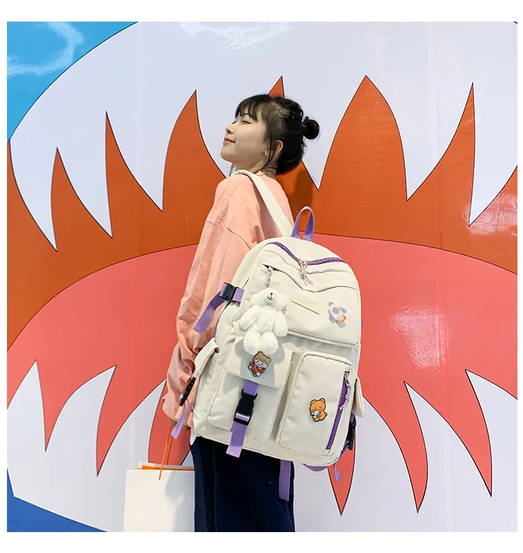 stylish eco friendly backpacks DCIMOR Fashion Nylon Women Backpack Female Cute Badge Travel Bag Multi-pocket Bear Schoolbag for Kawaii Girl Book Bagpack Preppy stylish backpacks for teenage girl