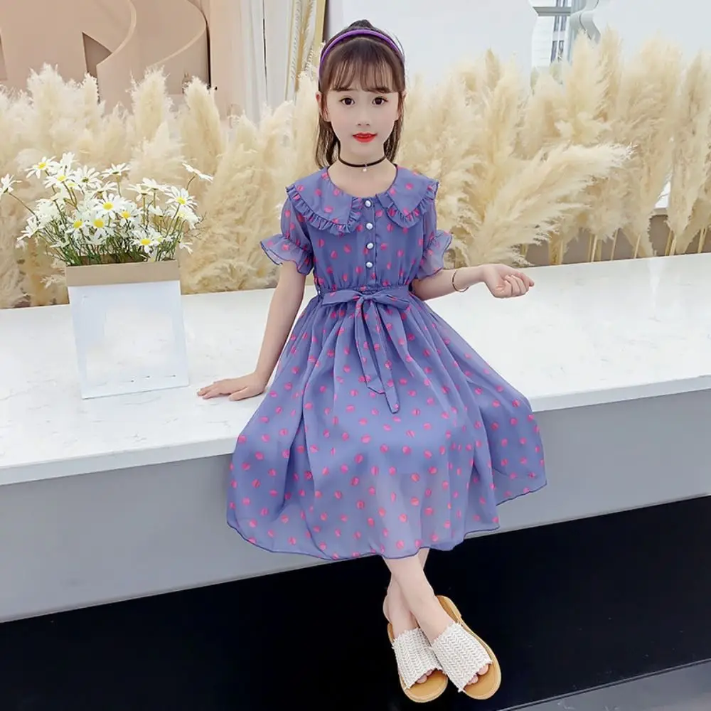 Fashion Doll Collar Girls Princess Dress Lace Up Party Summer Dot Dress Teens Sweet Children Dress Summer