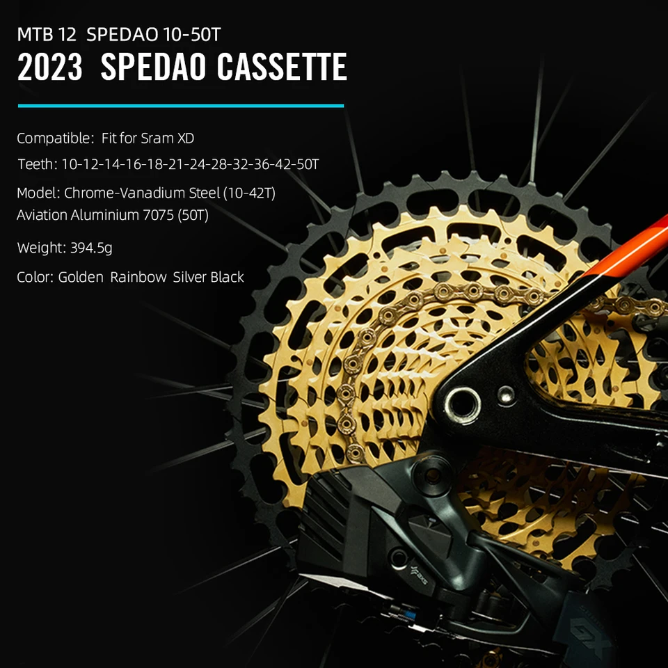 Cassette VTT 12 Vitesses 10-50T Dorée - Compatible SRAM XD - Marque SPEDAO - Acier/aluminium - Poids ~398g