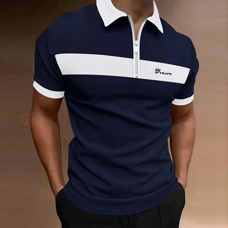 Man wearing a slim-fit short sleeve zipper polo shirt with color-block design, standing confidently in bright summer light