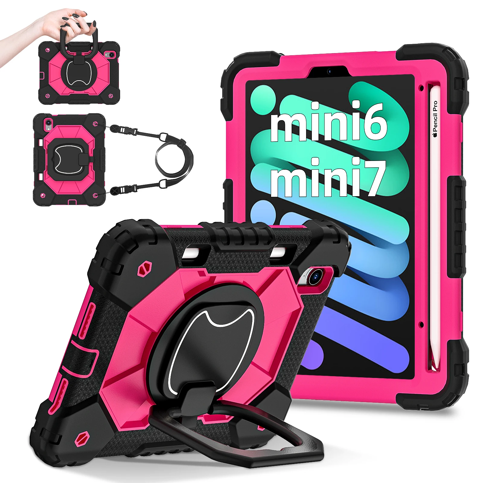 Heavy Duty Shockproof Silicone & PC Case with 360° Rotating Kickstand and Shoulder Straps