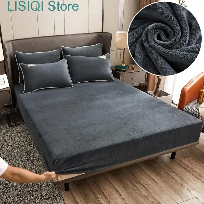 

New Plush Fitted Sheet with Elasitc for Winter Soft Warm Double Mattress Covers Queen Size Linens Bedspread on The Bed