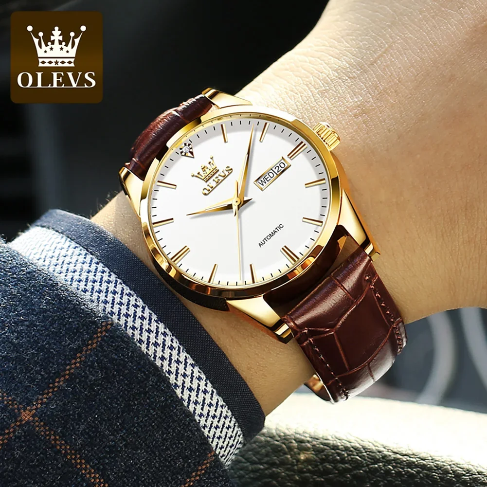 OLEVS 6629 Men Wristwatch Automatic Mechanical Genuine Leather Strap Business Watch For Men Luminous Waterproof