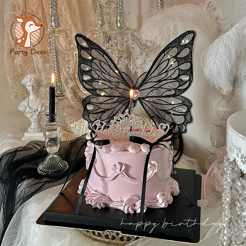 Black Butterfly Light Happy Birthday Cake Toppers Lady Birthday Cake Dec For Girl Birthday Party Wedding Cake Gifts