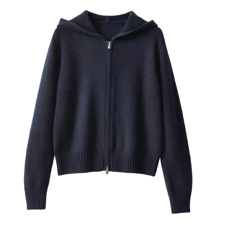 New Fashion Double Zipper Hooded Knitted Cardigan Women's Long Sleeved Sweater 2025 Autumn and Winter Solid Color Straight Coat