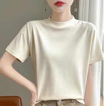 Spring and Autumn New Semi-high-necked Cotton Short-sleeved Women's Stand-up T-shirt Joker Loose Sleeve Top Slim Bottom 1
