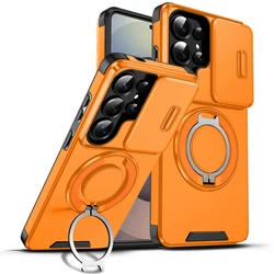 Slide Camera Protection Armor Phone Case with Metal Kickstand and Magnetic Back Cover - Galaxy S20 FE (Orange)