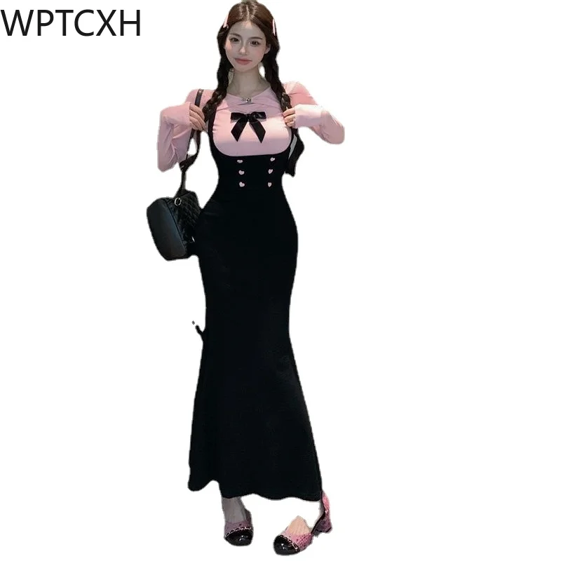 

2024 Spring New Korean Sweet and Spicy Pure Style Strap Catwalk Dress Retro Sweet Sister Slim Preppy Party Dress Two-piece Set