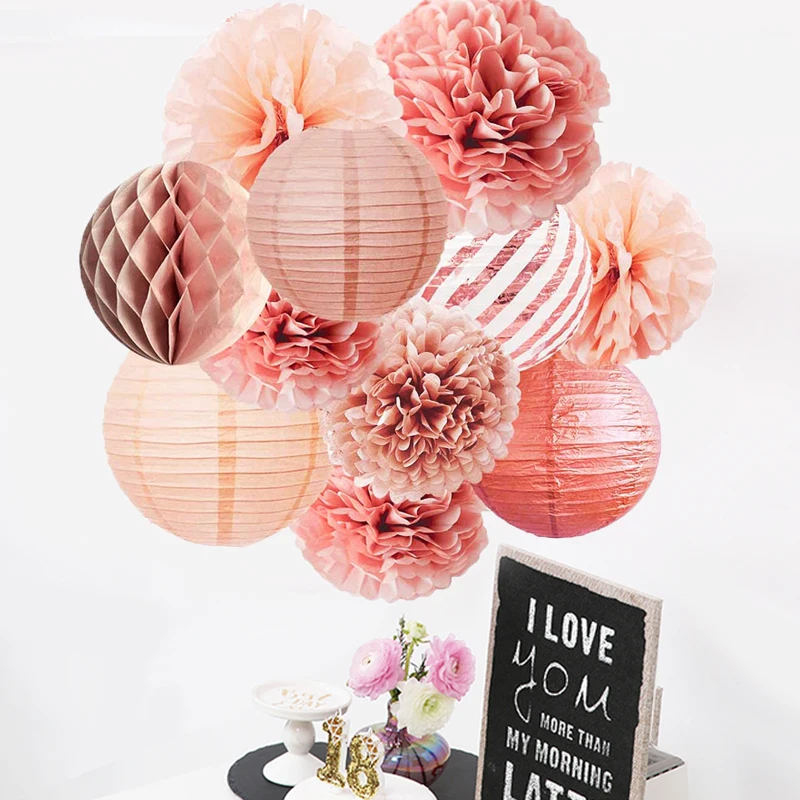 11 Sets Chic Hanging Decorations Tissue Paper Flower Pom Poms Lanterns for Birthday Wedding Baby Shower Bachelorette Party Decor