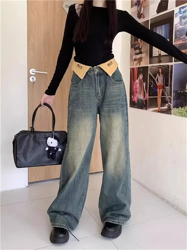 

Женские широкие джинсы с завышенной талией, винтажные уличные повседневные брюки в американском стиле, прямые джинсовые брюки