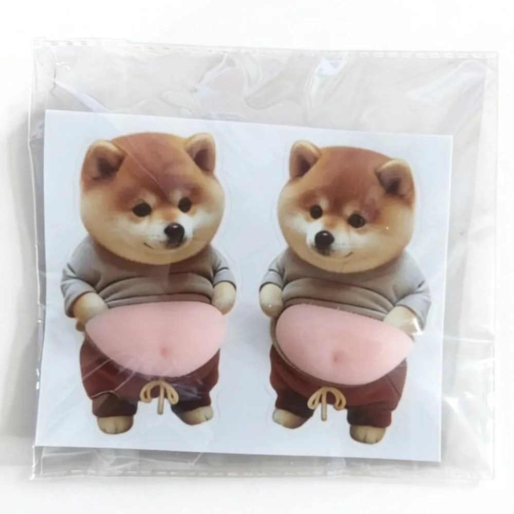 통통한 시바 이누 3D 시바 이누 스티커 강아지 배 스티커 부드러운 핑크 배경 3D 스티커 압착 가능한 실리콘 자체 접착식