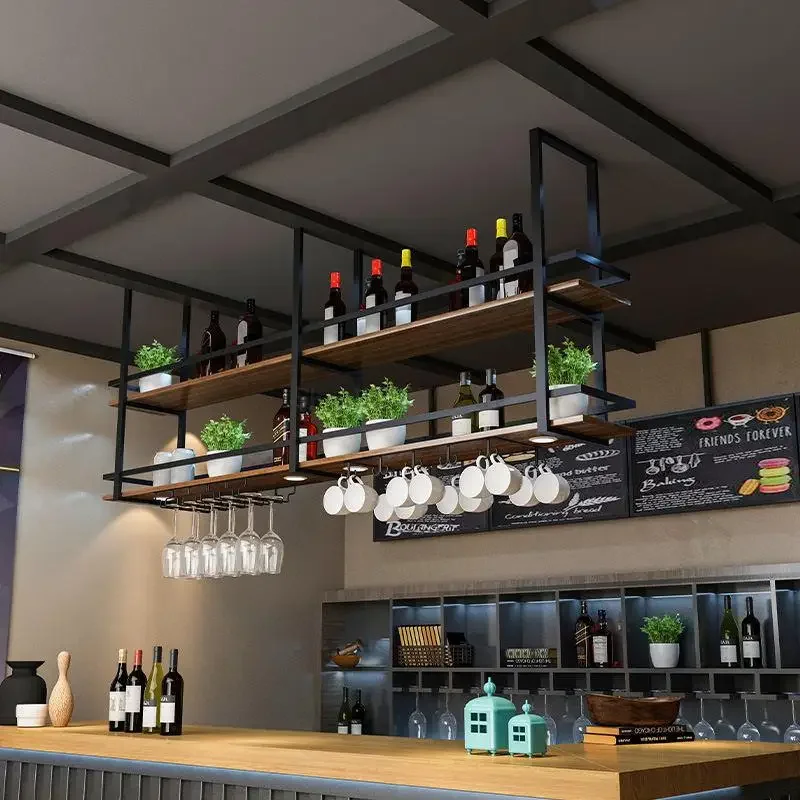 Industrial Style Solid Wood Iron Hanging Rack Storage Rack Bar Counter Restaurant Bar Kitchen Hanging Ceiling Cabinet