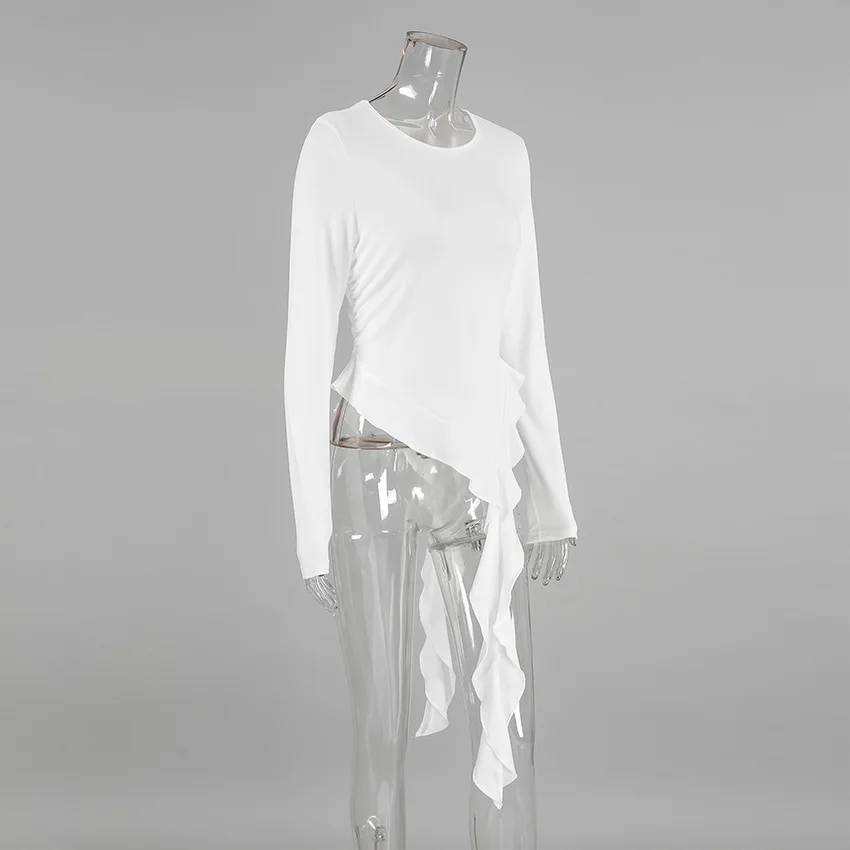 White Knit Slim T-shirt Pullover Female Ruffled Patchwork See-Through Long Sleeve Y2k Sexy Inner Top Women's Knitwear Tee