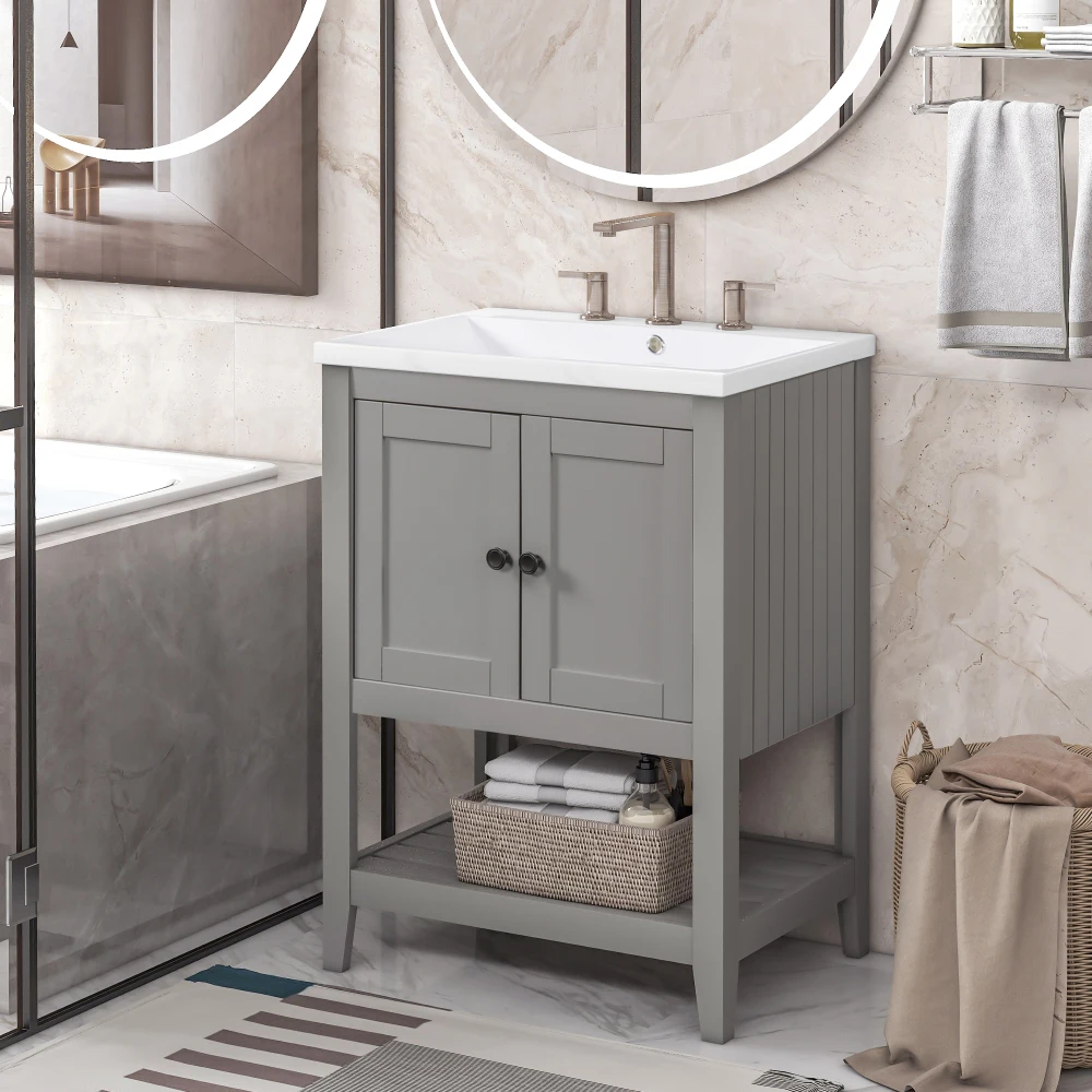 [VIDEO] 24" Grey Modern Sleek Bathroom Vanity Elegant Ceramic Sink With Solid Wood Frame Open Style Shelf (OLD SKU: JL000004AAE) 4