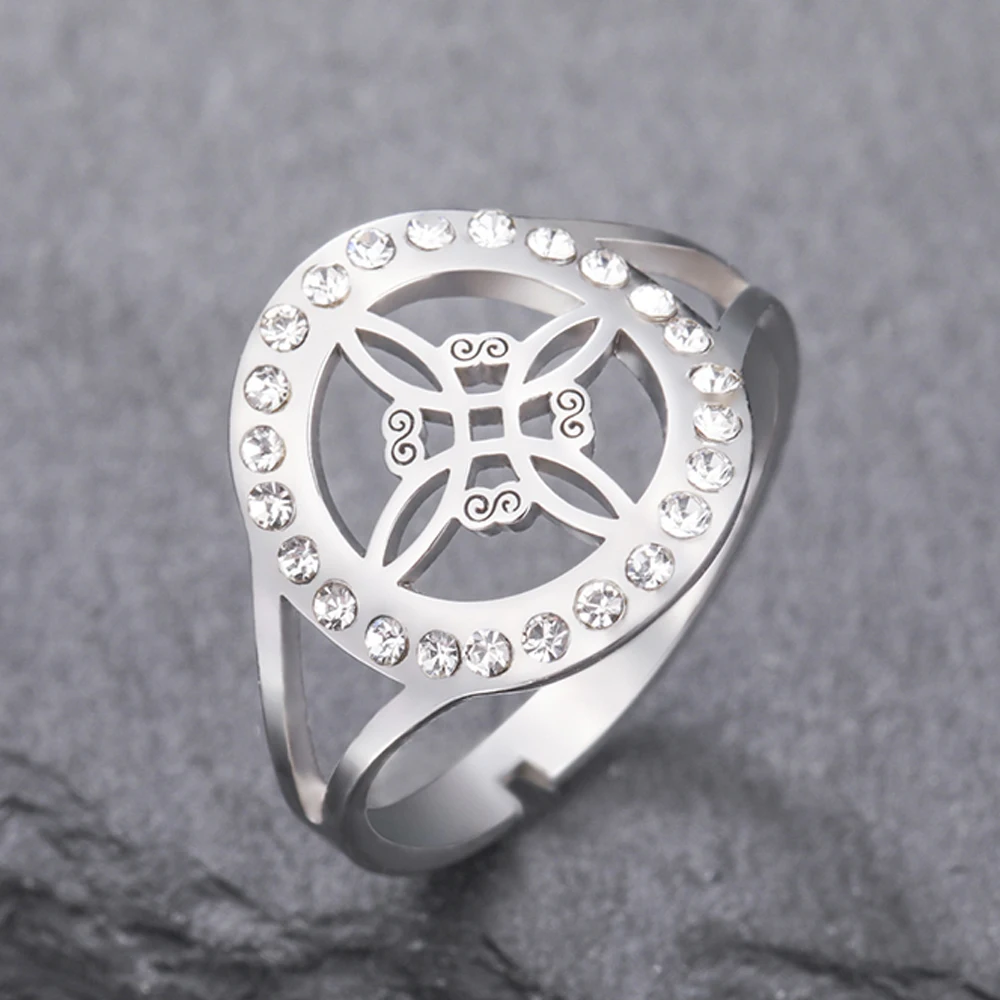Dawapara Witches Knot Adjustable Women’s Ring with Clear Zircon - Stainless Steel Religious Jewelry