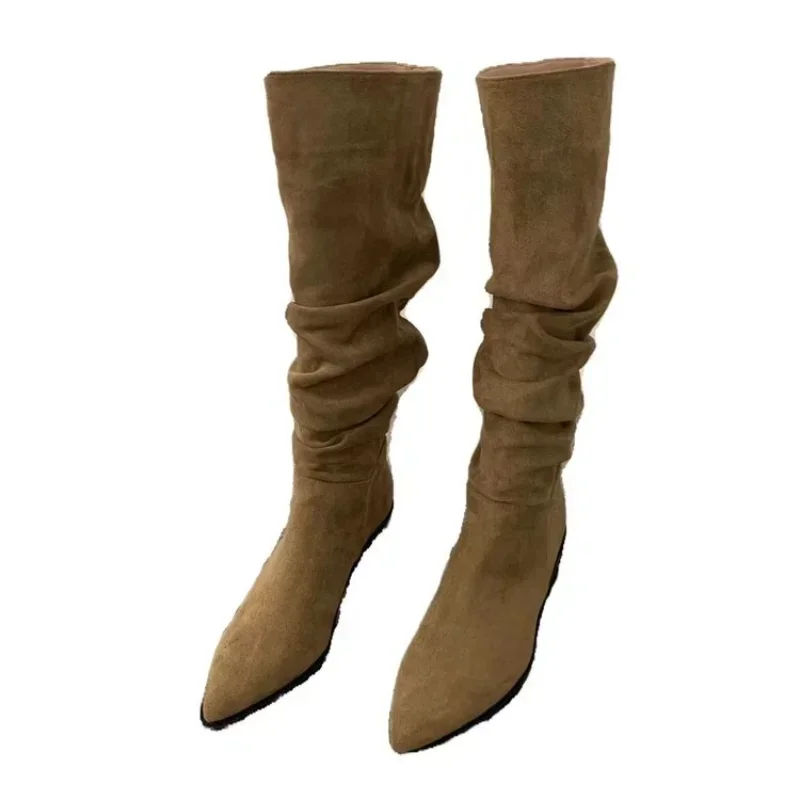 Women Knee High Boots Autumn Winter Female Shoes Fashion Female Slip-on Folds Low Heel Round Toe Flat Long Boots Botas De Mujer - 2