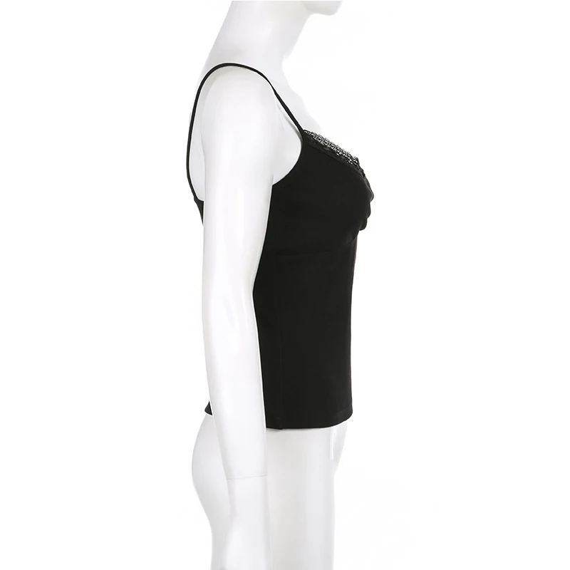 Sexy Falten Knöpfe ärmellose Crop Top schwarz Vintage Y2k Korsett Tops lässig Basic T-Shirt – Detail 6