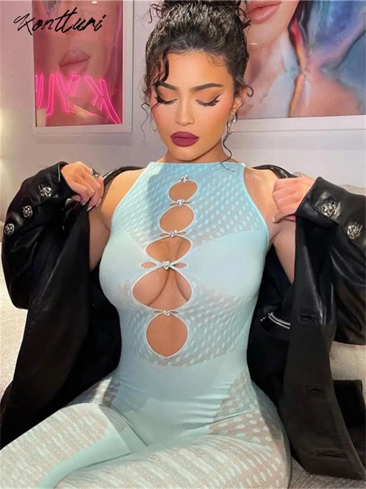 Kontturi Summer Mesh See Through Jumpsuit For Women Sexys 2023 O Neck Sleevless Hollow Playsuit One Pieces Black Skinny Jumpsuit
