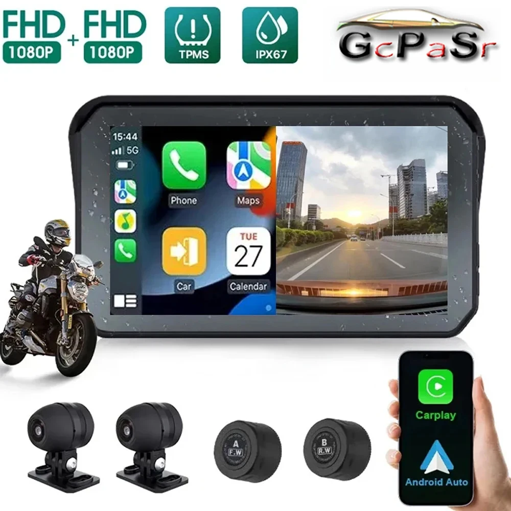 5 Pollici Moto Carplay Wireless Android-Auto Impermeabile 1080P Wifi Dvr Monitor Dash Cam Navigazione Gps Tpms