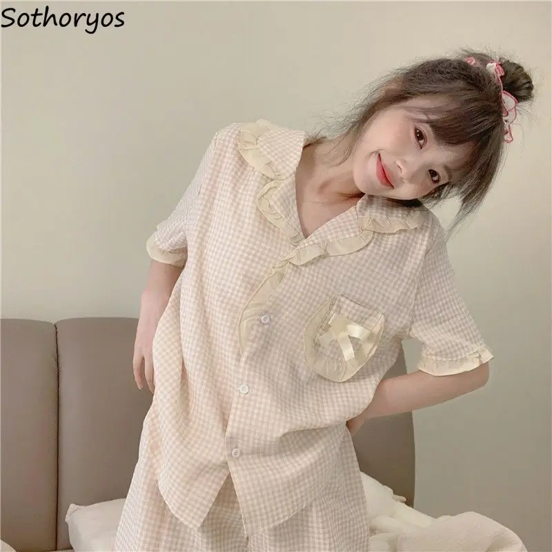 

Pajama Sets Women Plaid Simple Sweet All-match Home Leisure Creativity Popular Korean Style Schoolgirls Young Delicate Comfort
