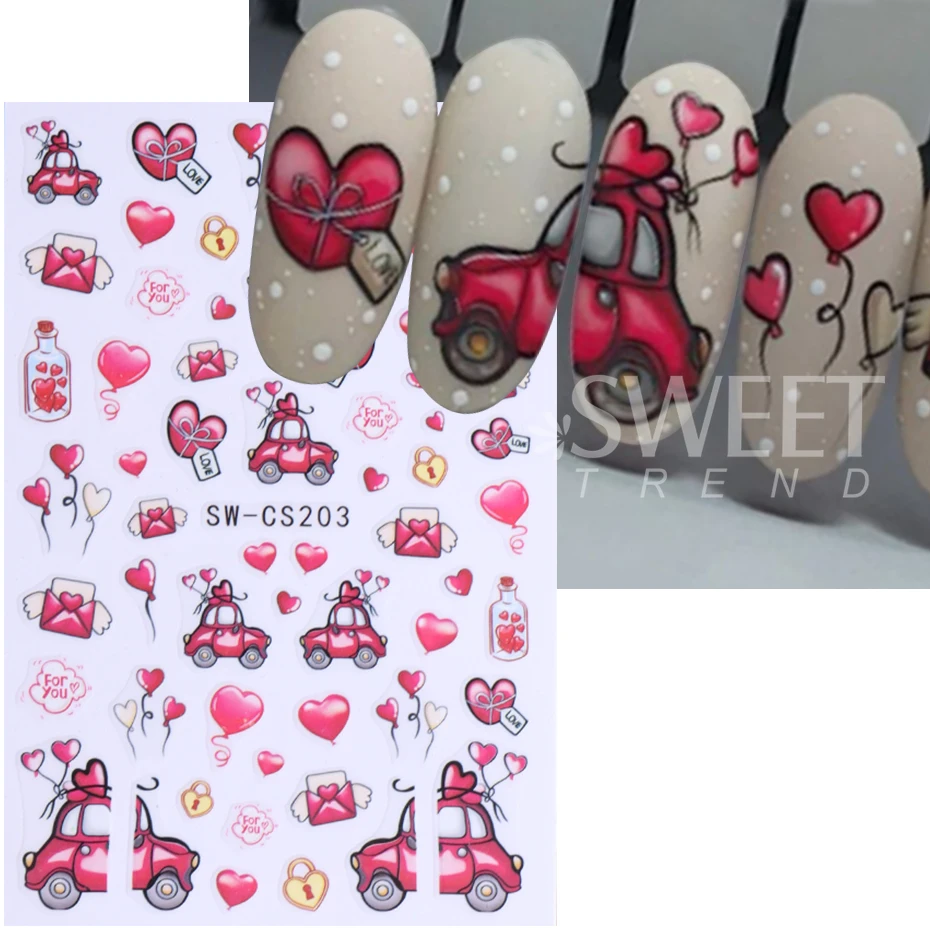 2pcs Valentine's Day Nail Stickers Cute Cat Love Heart Balloon Bear Letter Car Adhesive Nail Decals Manicure Decor Accessories
