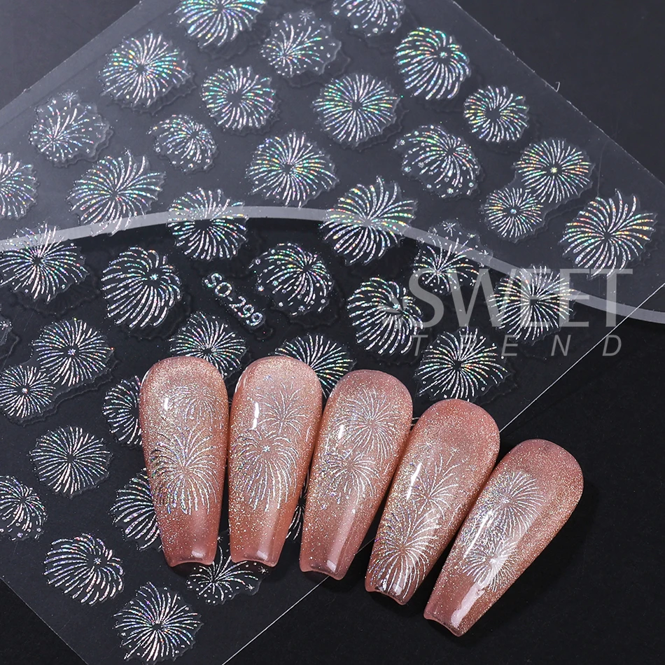3pcs Sparkle Firework Nail Stickers Self Adhesive Laser Gold Silver Blooming Firework Design Nail Decals New Year Manicure Decor