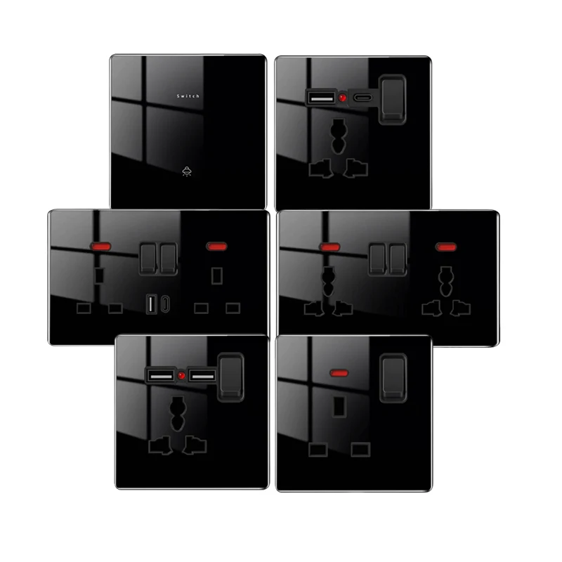 UK EU มาตรฐานสวิตช์ไฟผนังปลั๊กไฟประเภท C 2usb ซ็อกเก็ตสีดําทั้งหมดแผงกระจกนิรภัย 13A 3Pin ซ็อกเก็ต 2USB TypeC 1