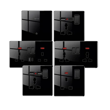 UK EU มาตรฐานสวิตช์ไฟผนังปลั๊กไฟประเภท C 2usb ซ็อกเก็ตสีดําทั้งหมดแผงกระจกนิรภัย 13A 3Pin ซ็อกเก็ต 2USB TypeC 1