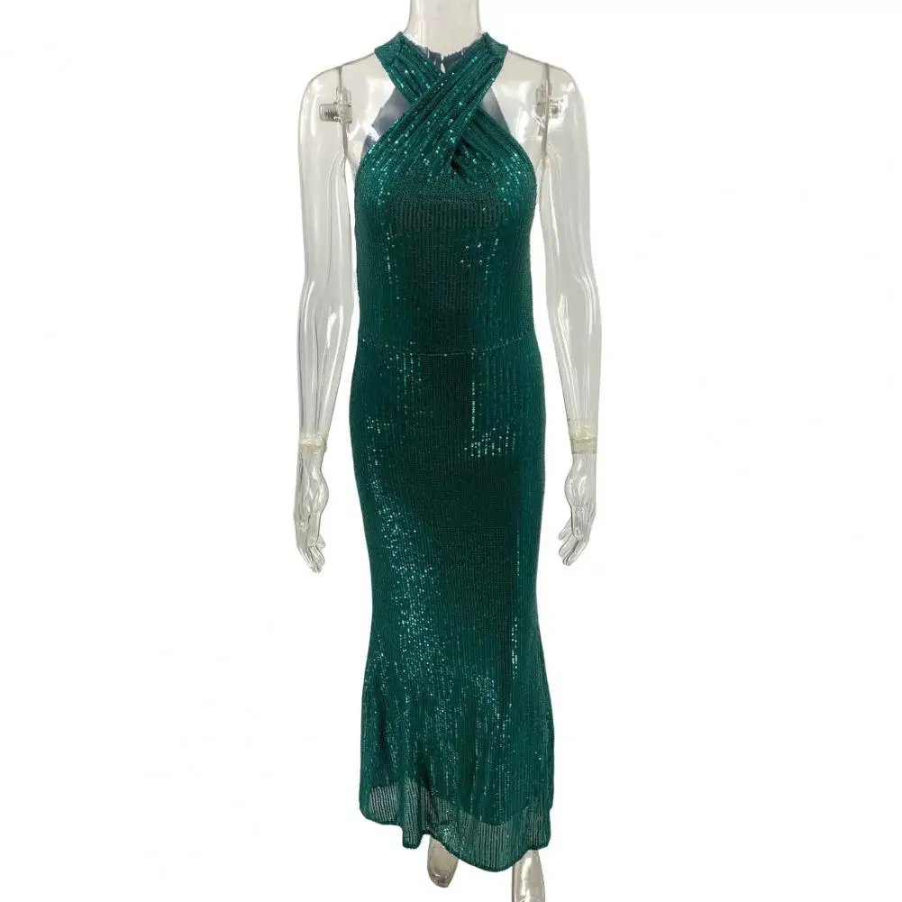 

Off-the-shoulder Dress Elegant Sequin Halter Neck Evening Gown for Women Backless Slim Fit Sheath Dress Ankle Length Party Prom
