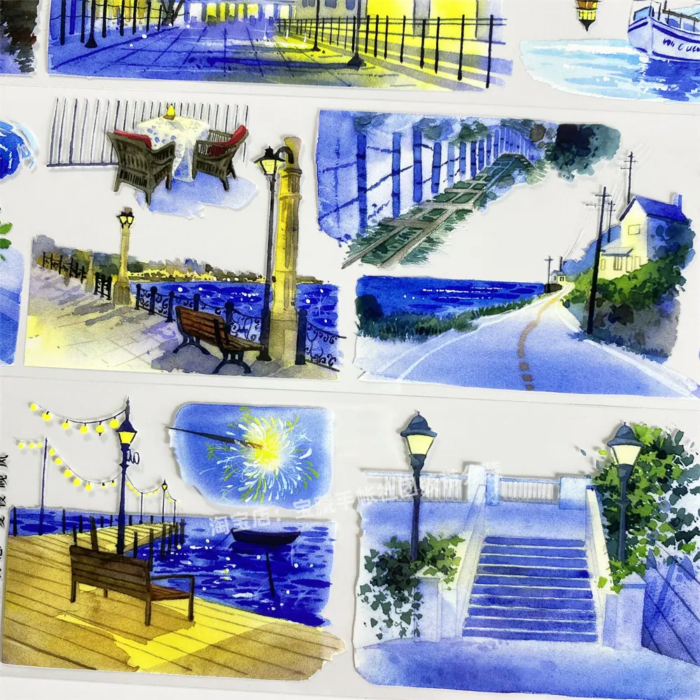 와시 펫 테이프 A700 여름 밤 저녁 해변 풍경 스트리트 뷰 앤틱 스크랩북 콜라주 DIY 카드 스티커