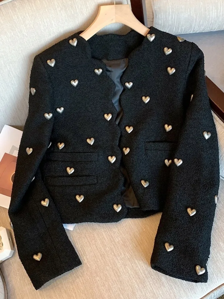 

Runway Luxury Autumn Tweed Jackets Coat Fashion Women Beading Love Peach Woolen Blends Black Ladies Short Cardigan Outwear