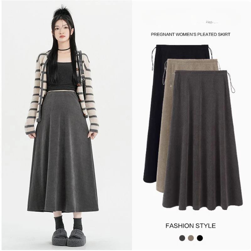 Good Quality Pregnant Woman Autumn Skirts Korean Style Drawstring Waist Fashion Maternity Long A-line Skirt Lady Umbrella Skirt