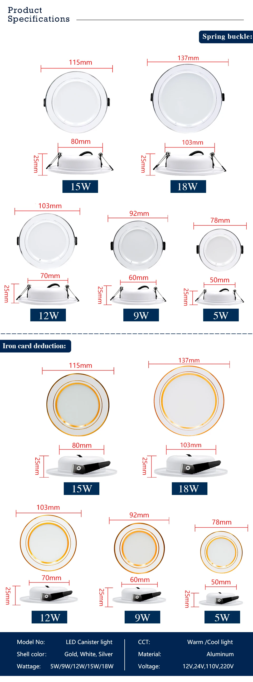 LED Downlight 12V 24V 110V 220V Spot Three Colors 5W 9W 12W 15W 18W Recessed in Led Ceiling Downlight Light Cold Warm White Lamp