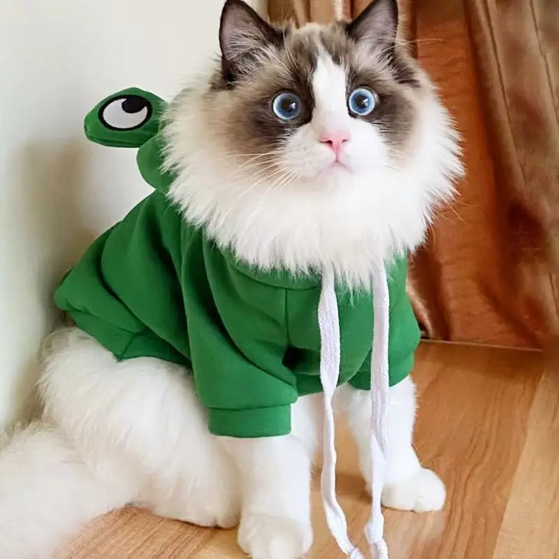 Green frog hoodie for dogs with eyes on the hood, comfortable and cute pet apparel.
