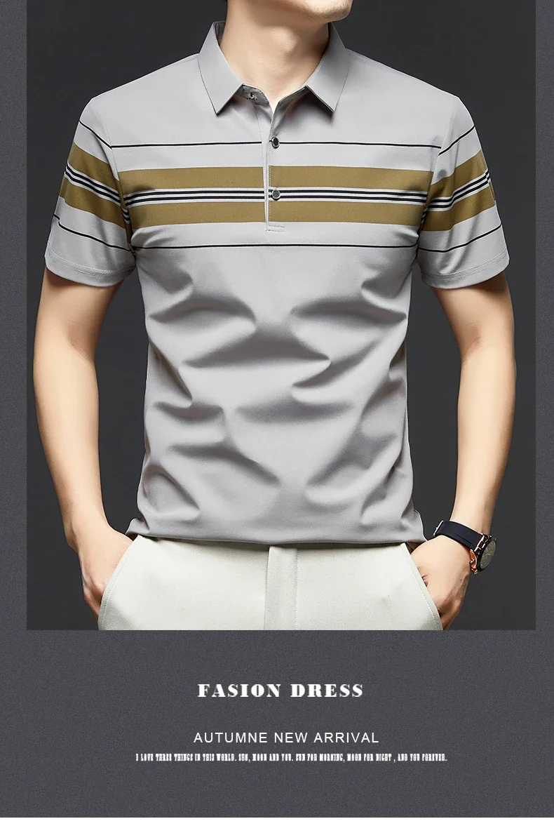 BROWON Brand 2025 Summer Men Polo Shirt Short Sleeve Lapel Collared Smart Casual Striped Office Polo Tops Tees for Men 11 Se4f0a5c7dd984bf3bae6e1e32ed3a1e0D