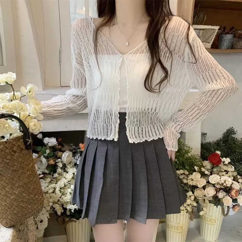 얇은 할로우 아웃 긴팔 셔츠 숄, 짧은 상의, 한국 에어컨 셔츠, 자외선 차단 가디건, 여성 패션, 여름