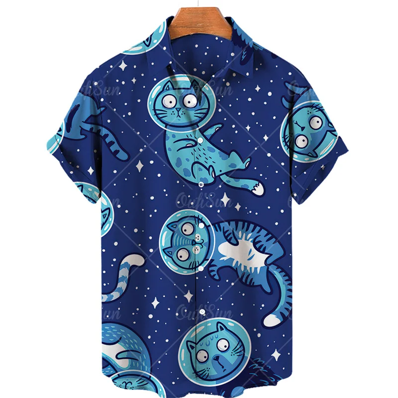 Men and unisex short sleeve Hawaiian button up shirts in white, black, blue, and green featuring colorful cartoon cat and kitten prints