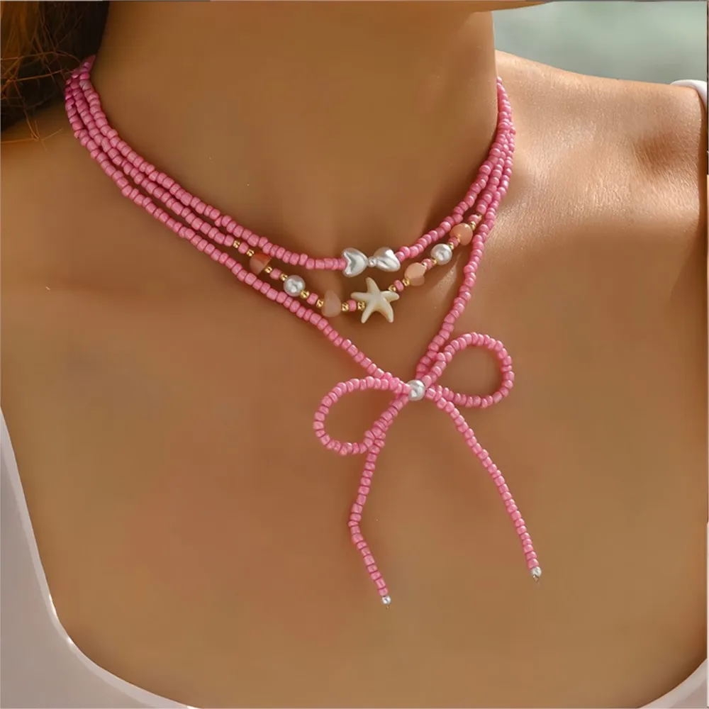Multilayer Dopamine Bowknot Starfish Summer Stylish Beads Chain Necklace for Women Sweet Vocation Beach Jewelry Gifts
