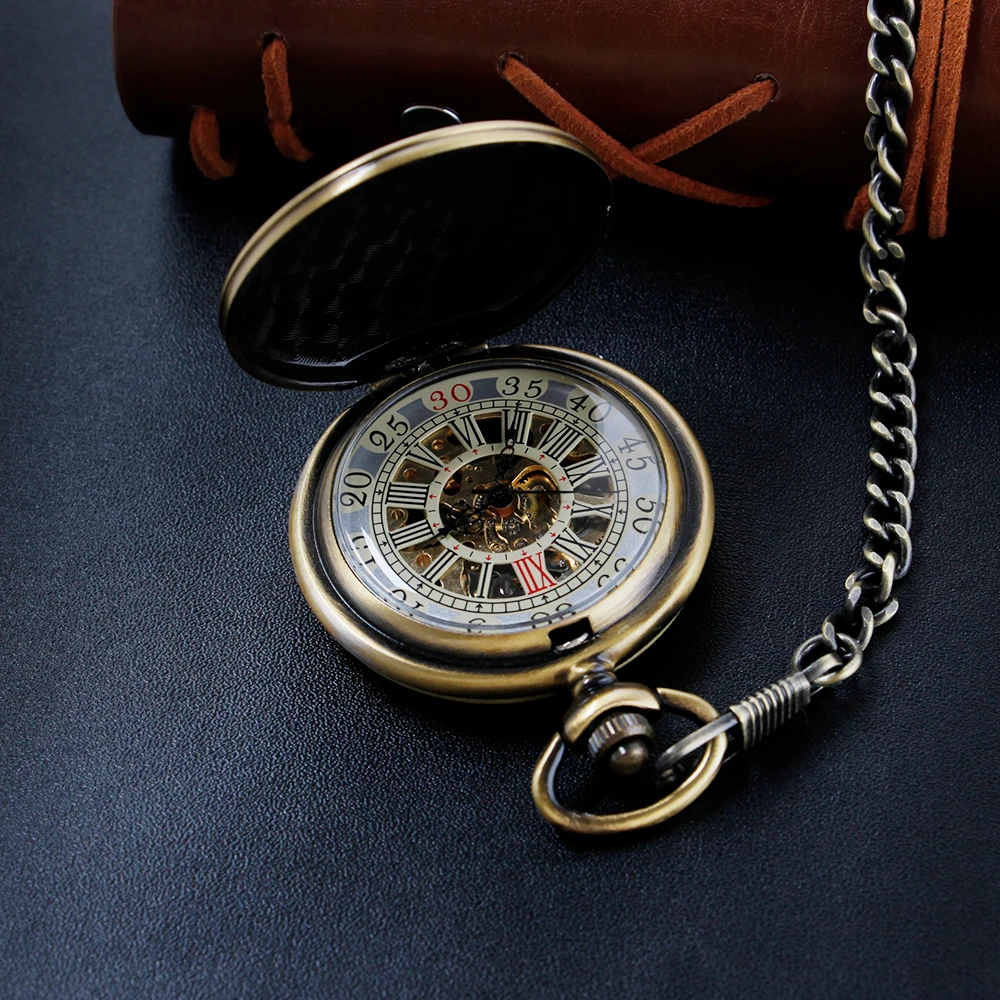 Vintage Striped Pocket Watch Mechanical Men's and Women's Handbag Steam Punk Necklace Fob Watch Chain Roman Digital Clock Gift