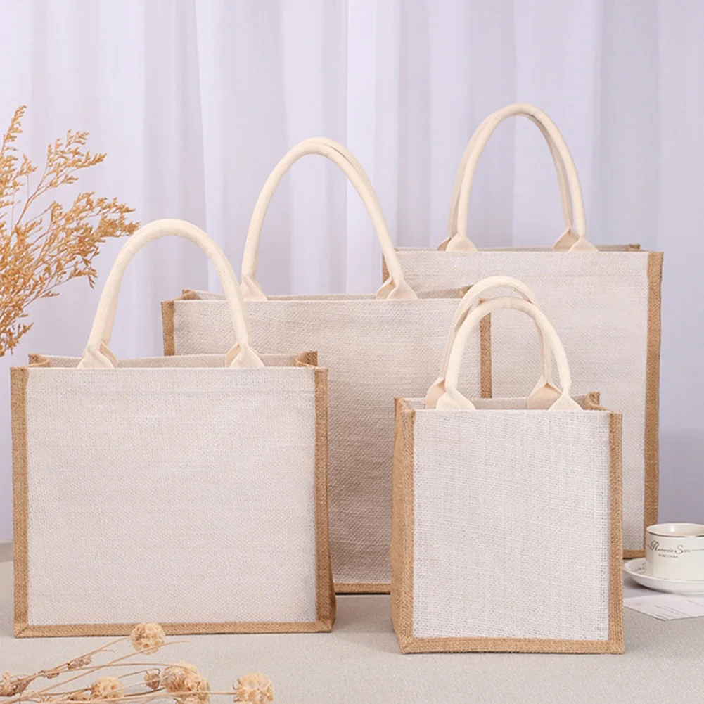 Women Shopping Bag Jute Handbag Portable Canvas Grocery Tote Handbag Ladies Outdoor Handbag Reusable Gift Bags Totebag