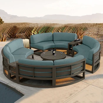 360° Round Outdoor Sofa Set | Deep Grey Aluminum Patio Furniture | Waterproof Garden Balcony Furniture - Image 6